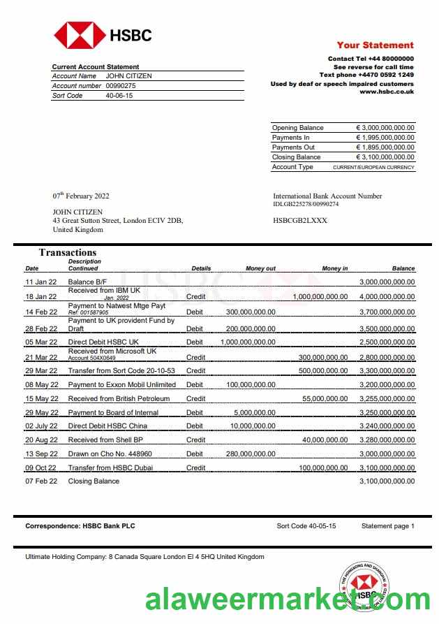 United Kingdom HSBC bank statement Word and PDF template, version 2